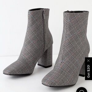 Plaid Block Heel Ankle Boots - Gray